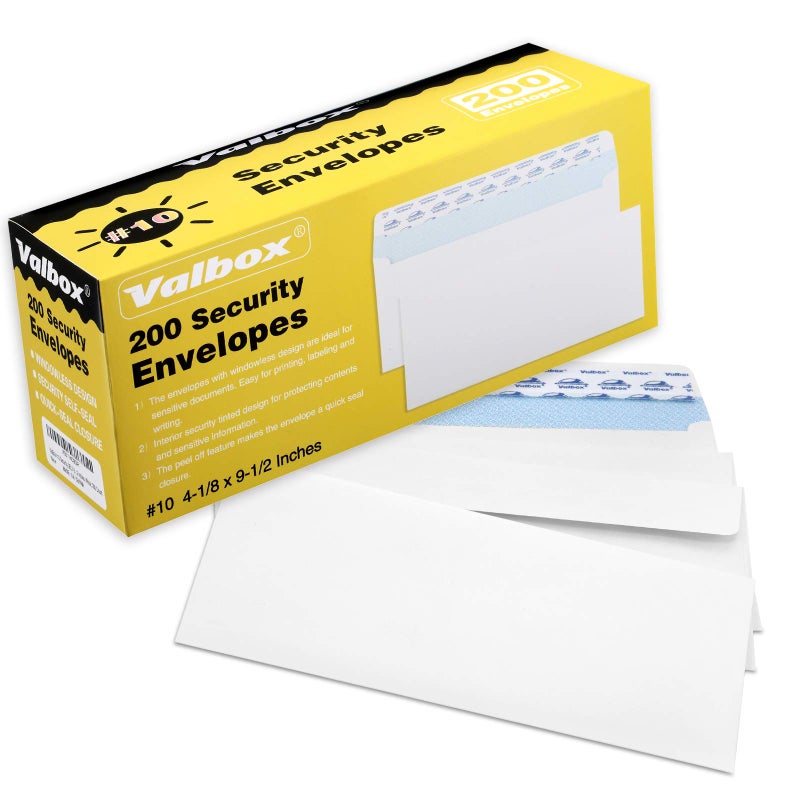 ValBox #10 Security Envelopes Self Seal, No. 10 Windowless Security Tint Pattern, Secure Mailing Envelopes, 4-1/8x9-1/2 Inches, 24 LB White Business Envelopes, 200 Count - Image 1